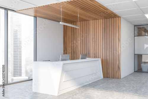 Fotomural Reception desk in white and wooden office corner