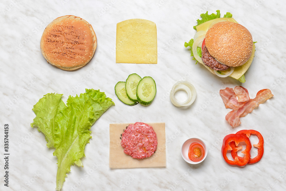 Ingredients for tasty burger on white background
