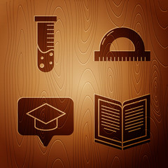 Sticker - Set Open book, Test tube and flask chemical laboratory, Graduation cap in speech bubble and Protractor grid for measuring degrees on wooden background. Vector