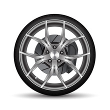 Realistic Car Wheel Alloy Black Tire With Disk Brake On White Background Vector Illustration.