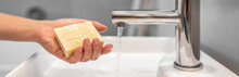 Corona Virus Washing Hands With Soap Bar At Home COVID-19 Prevention. Hand Hygiene For Coronavirus Outbreak. Protection By Hand Wash Handwashing Panoramic Banner Header.