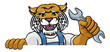 A wildcat cartoon animal mascot plumber, mechanic or handyman builder construction maintenance contractor peeking around a sign holding a spanner or wrench