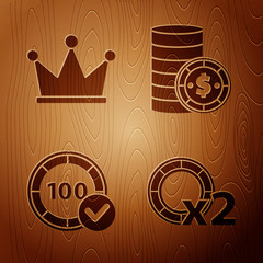 Poster - Set Casino chips, Crown, Casino chips and Casino chip with dollar on wooden background. Vector