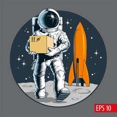 delivery service, astronaut holding package or cardboard box. space colonization. shipping cargo to 