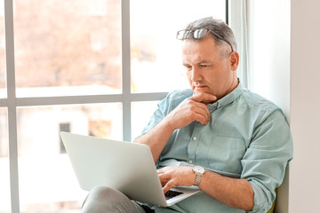 Mature man using laptop at home