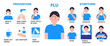 Flu info-graphics vector. Cold, influenza symptoms are shown. Icons of fever, headache,cough are shown. Illustration of painful condition, chill, sinusitis.