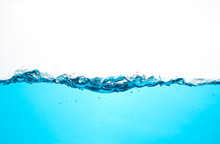 Moving Water And Blue Bubbles On A White Background