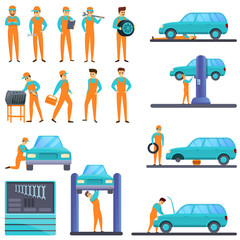 Poster - Auto mechanic icons set. Cartoon set of auto mechanic vector icons for web design