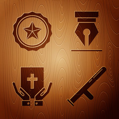 Poster - Set Police rubber baton, Police badge, Oath on the Holy Bible and Fountain pen nib on wooden background. Vector