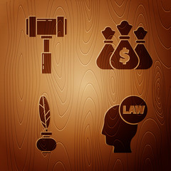 Sticker - Set Head with law, Judge gavel, Feather and inkwell and Money bag on wooden background. Vector