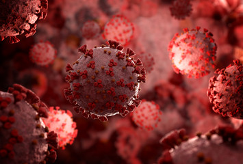 Poster - Microscope close-up of the coronavirus covid-19 disease. 2019-nCoV spreading in body. 3D rendering of the bacteria on a microscopic level.