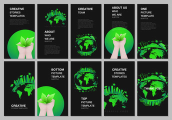 Social networks stories design, vertical banner or flyer template. Covers design templates for flyer, leaflet, brochure cover, banner. Green city concept. Green energy, sustainable development concept