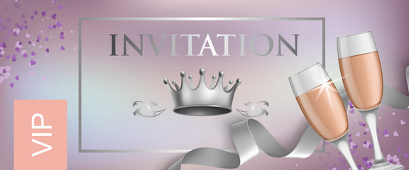 Wall Mural - VIP invitation lettering with crown and goblets with champagne. Party invitation design. Typed text, calligraphy. For leaflets, labels, invitations, posters or banners.