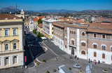 Fototapeta Psy - aerial view of Corso Garibaldi and the bell tower of the church of Santa Sofia. Benevento, Campania, Italy