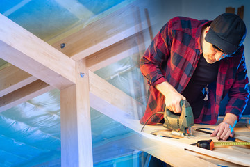 Poster - Work in a carpentry workshop. A man works with an electric jig saw. A man is sawing parquet. Wood processing. Work in the furniture workshop. Furniture manufacturing. Concept - Construction Tools