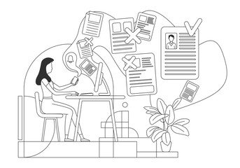 Poster - Candidate selection thin line vector illustration. HR manager, recruiter character on white background. Human resources management, applicants CV evaluation, recruitment simple style drawing