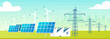 © IMGvisualsCharacters - Alternative power station flat color vector illustration. Eco friendly facility 2D cartoon landscape with cityscape on background. Environmentally safe wind turbines, solar panels with electric towers