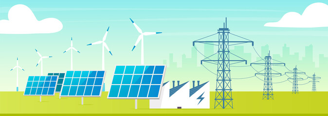 Poster - Alternative power station flat color vector illustration. Eco friendly facility 2D cartoon landscape with cityscape on background. Environmentally safe wind turbines, solar panels with electric towers