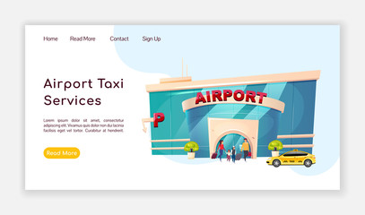 Poster - Airport taxi services landing page flat color vector template. Airline homepage layout. Transportation one page website interface with cartoon illustration. Car drive web banner, webpage