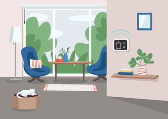 Poster - Smart home management panel flat color vector illustration. Climate control device, automated thermostat. IOT technology. Modern house 2D cartoon interior with living room on background