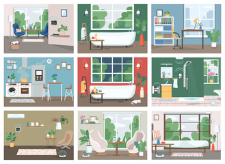 Poster - Smart home flat color vector illustrations set. Automated kitchen, bathroom and living room 2D cartoon interior. Internet of things, technologies in everyday life. Intelligent domestic appliances