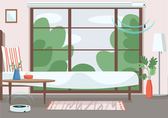 Poster - Modern apartment flat color vector illustration. Empty room with automated jalousie and vacuum cleaner. Internet of things technology. Bedroom 2D cartoon interior with smart devices on background
