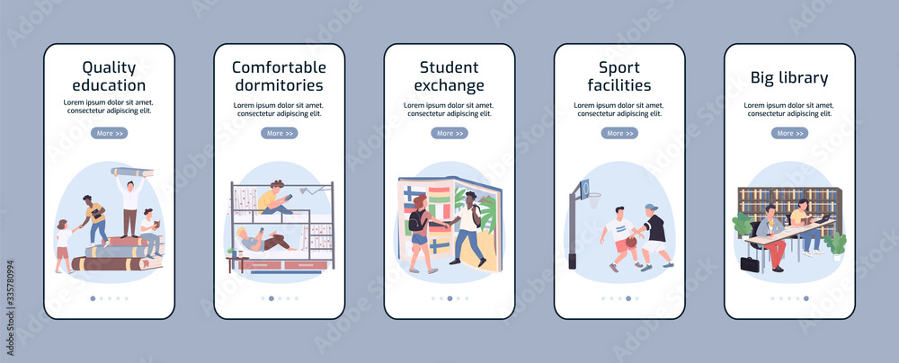 Students lifestyle onboarding mobile app screen flat vector template ...