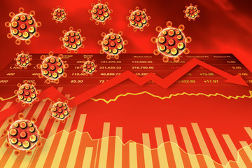 Wall Mural - Global economic investment on stock market index down panic because of Chinese Coronavirus Covid-19 with graph chart candlesticks and red arrow down with red blood background.