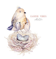 Hand drawn watercolor bird nest with eggs, easter spring design