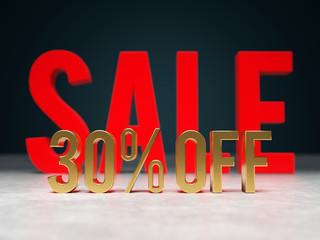 Poster - 30% off and big red sale text word in background 3D render