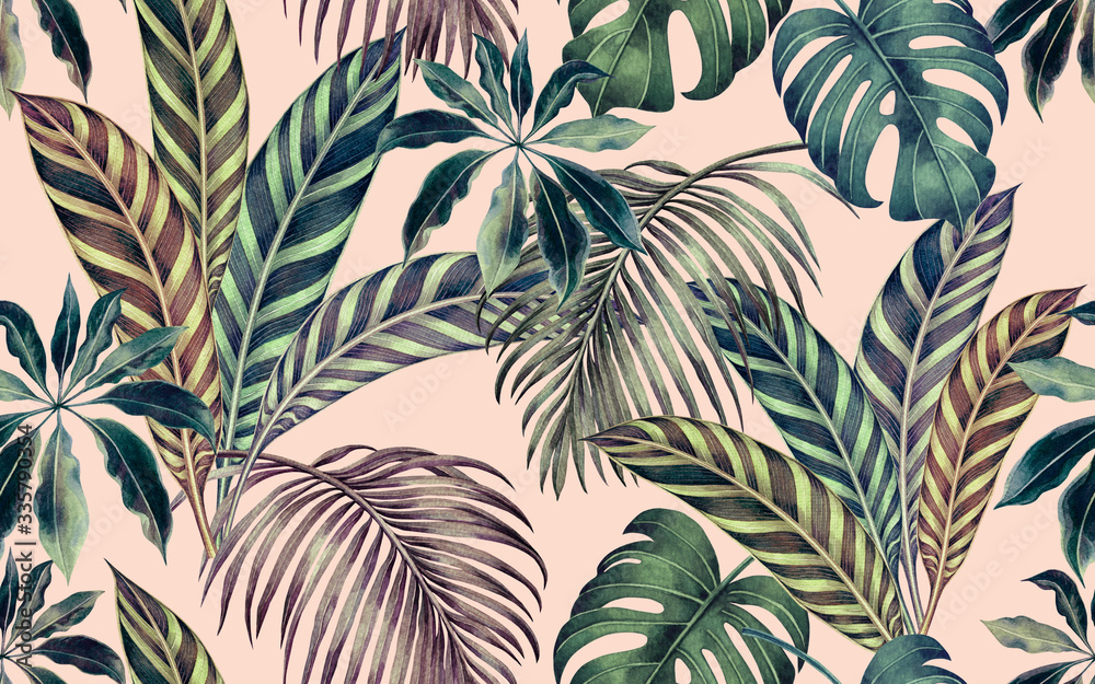 Watercolor painting colorful tropical leaf,green leave seamless pattern background.Watercolor hand drawn illustration tropical exotic leaf prints for wallpaper,textile Hawaii aloha summer style.. - obrazy, fototapety, plakaty 