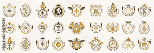 Classic style emblems big set, ancient heraldic symbols awards and labels collection, classical heraldry design elements, family or business emblems Tableau sur Toile