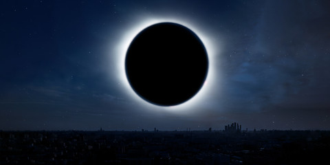 the solar eclipse in the sky over the city, elements of this image is furnished by nasa