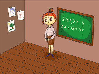 Wall Mural - Vector illustration young teacher in classroom