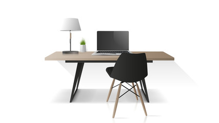 Wall Mural - Modern workplace isolated on a white background. Wooden office table, laptop, armchair, table lamp. Element for office design. Realistic vector.