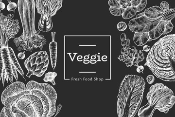 Hand drawn sketch vegetables design. Organic fresh food vector banner template. Retro vegetable background. Engraved style botanical illustrations on chalk board.