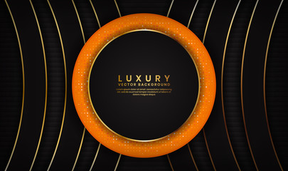 Abstract luxury black and orange background overlap layer on dark space with golden lines for cover, banner, brochure, landing page, or flyer elements. Texture with glitters dots element decoration