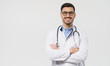 Horizontal banner of smiling young doctor ready to help patients with health problems, isolated on gray background with copy space on left