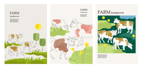  Agricultural background. Cows in the pasture. Minimalistic graphics.