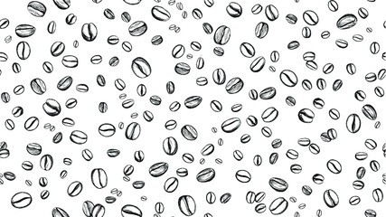 Coffee bean seamless background. Pattern with falling coffee beans. Food doodle sketch backdrop