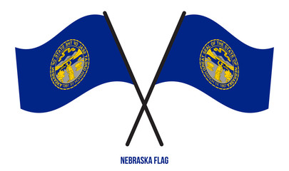 Two Crossed Waving Nebraska Flag On Isolated White Background.