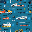 © AllNikArt - Vector Seamless Pattern with Doodle Different Toy Cars: Racing Car, Heavy Construction Trucks and Traffic Signs. Cartoon Transportation Blue Background for Kids