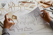 © Chaosamran_Studio - Designer sketching drawing design development product plan draft chair armchair Wingback Interior furniture prototype manufacturing production. designer studio concept .