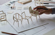 © Chaosamran_Studio - Designer sketching drawing design development product plan draft chair armchair Wingback Interior furniture prototype manufacturing production. designer studio concept .
