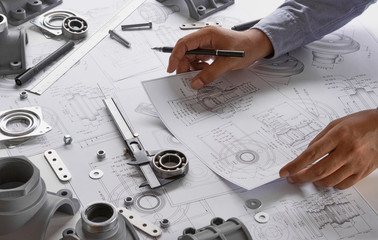 Aufkleber - Engineer technician designing drawings mechanical parts engineering Engine.manufacturing factory Industry Industrial work project blueprints measuring bearings caliper tools