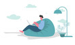 flat design work at home. Work using a laptop and relaxing sitting on the sofa
