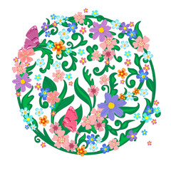 Fotomurales - stylized twigs with leaves in the shape of a round with colorful