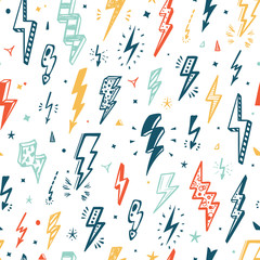 Lightning Bolts Vector Seamless Pattern. Repeat Background with Hand Drawn Doodle Lightning Bolt Signs, Thunderbolts, Energy Thunder bolt, Warning Symbol illustration
