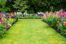 A Green, Grassy Lawn Surrounded By Beds Of Beautiful, Colorful Flowers