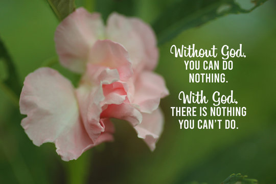 Wall Mural -  - Inspirational quote - Without God, you can do nothing. With God, there is nothing you cannot do. ,With beautiful pink  balsamina flower blossom on blurry green background. Believe in God concept.